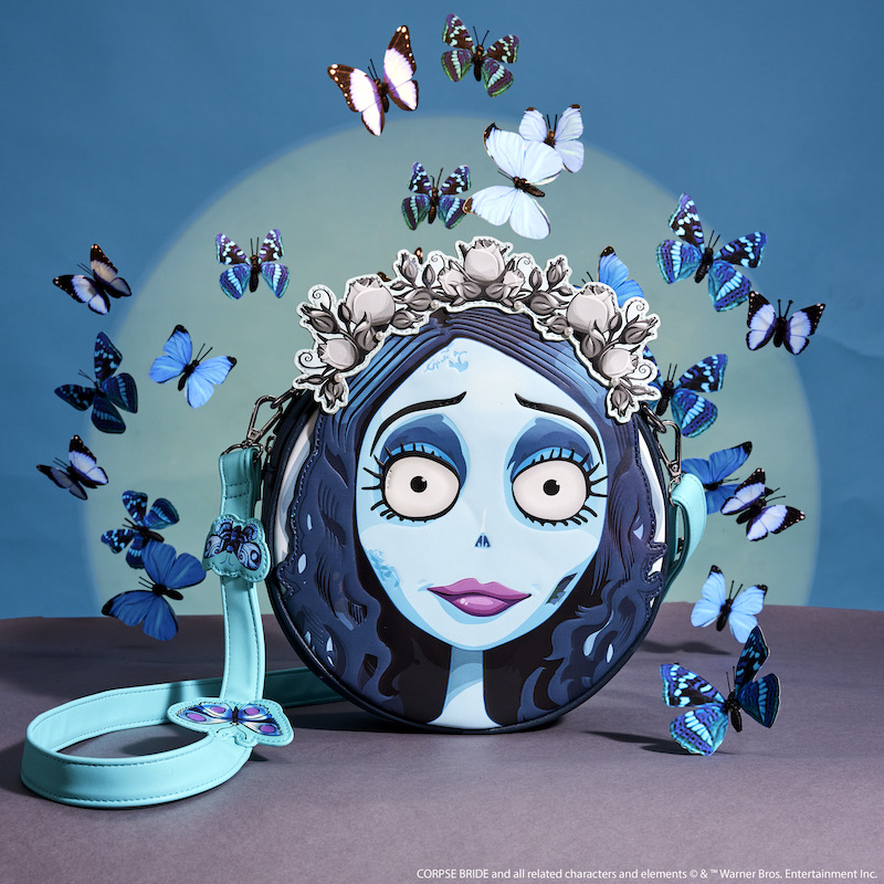 Circular crossbody featuring the face of Emily from Tim Burton's Corpse Bride against a blue background with butterflies